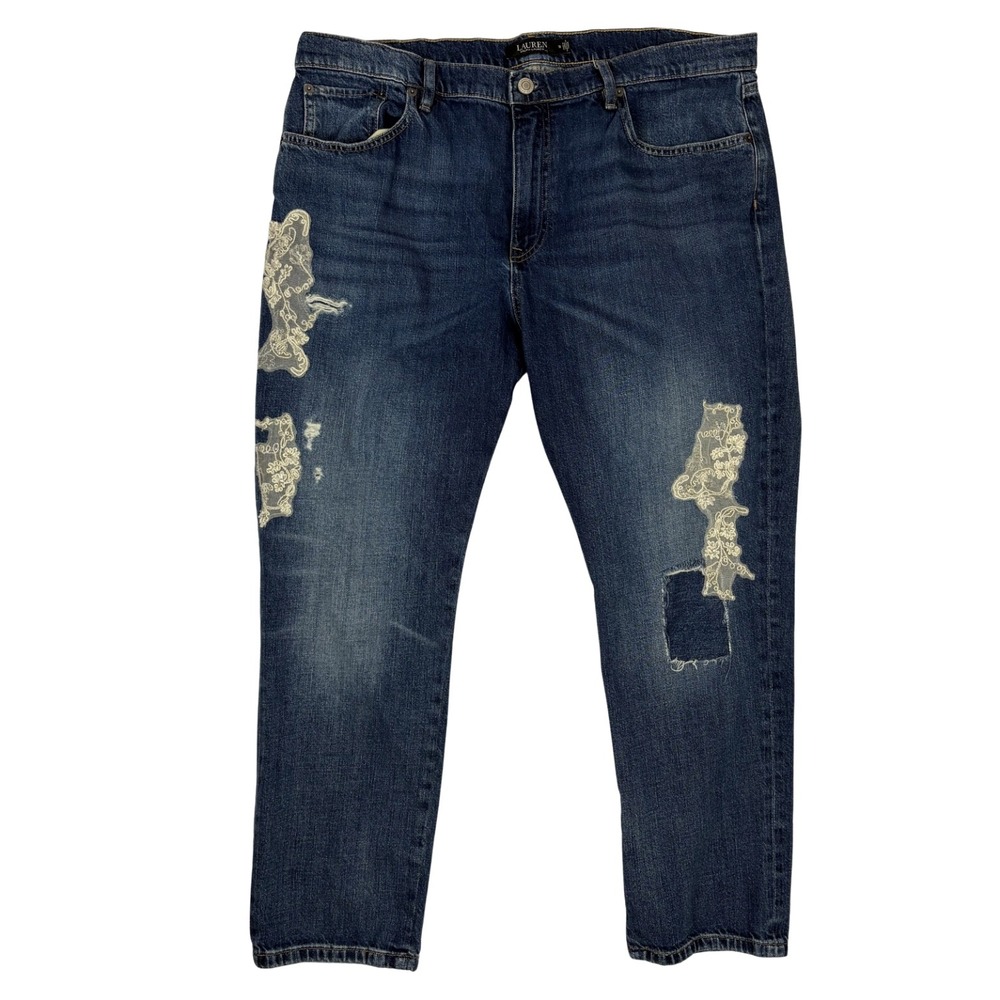 Lauren Ralph Lauren Womens Jeans Lace Embellished Mid Rise Tapered Leg Size 16